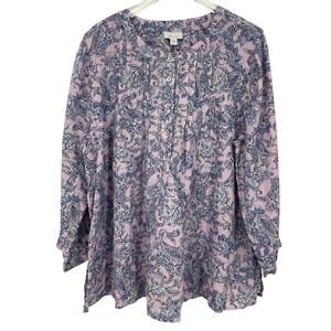J. Jill Blouse 100% Linen Pink Blue Paisley Floral Large Mother of Pearl Button